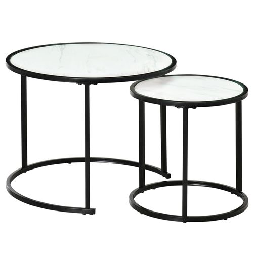 Lot De 2 Tables Basses Gigognes Empilables Métal Effet Marbre Blanc