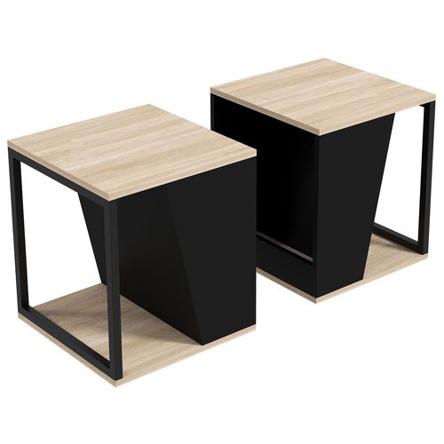 Lot De 2 Tables Basses Guéridons Design Acier Noir Aspect Chêne Clair