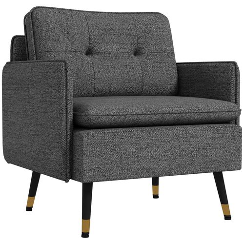 Fauteuil Style Art-Déco Effet Capitonné Métal Noir Doré Tissu Gris