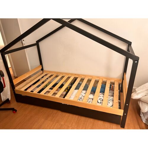 Lit cabane noir 90*190 avec 2 tiroirs rangement