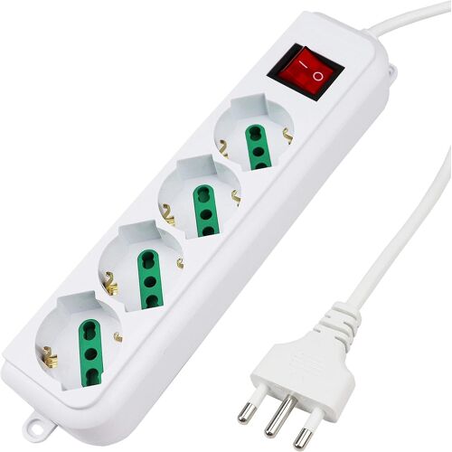 Extrastar Multiprise électrique avec 4 prises universelles ITA 10/16 A et Schuko, interrupteur lumineux, câble 1,5 m avec prise italienne 16 A, blanc biphasé.
