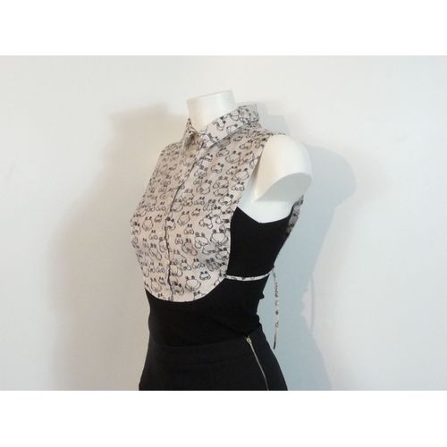 Top/ Chemise/ Faux Col En Soie Beige À Motif Noir- Taille S- Robert Friedman