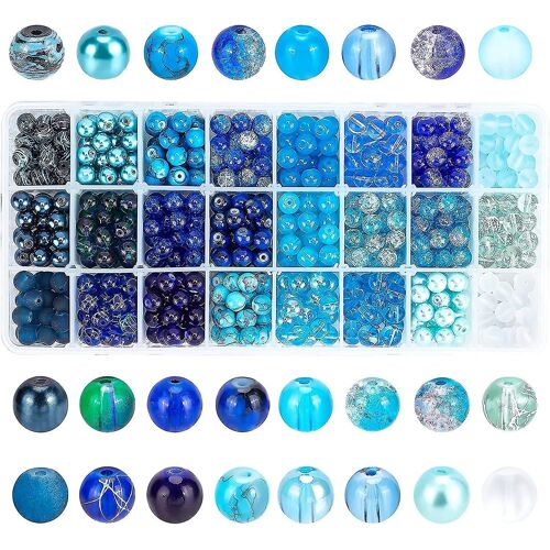 600pcs 24 Couleur Bleu Perles De Verre 8mm Bleu Mer Ronde Perles De Verre Perles Lâches Pour Les Bracelets D¿Été, Colliers, Artisanat Bricolage Fabrication De Bijoux