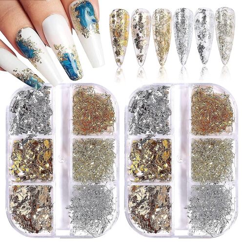 12 Grilles Nail Art Foil Flakes Gold Silver, Sparkly Gold Silver Irregular Nail Foil Flakes Metallic Foil Flakes, Holographic Nail Foil Glitters For Acrylic Na 