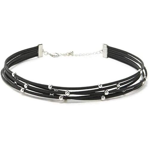 Bohemia Layered Choker Necklace Black Leather Choker With Silver Beads Multilayer Collar Necklace For Women And Girls