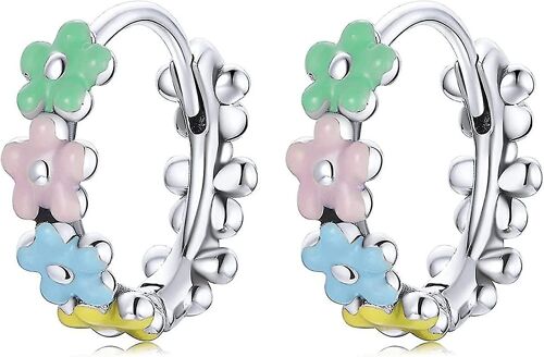Une Paire 925 Boucles D'oreilles En Argent Sterling Pour Filles, Boucles D'oreilles Colorées Arc-En-Ciel, Petites Boucles D'oreilles Cerceau, Bijoux Hypoallergéniques Pour Filles B Flower