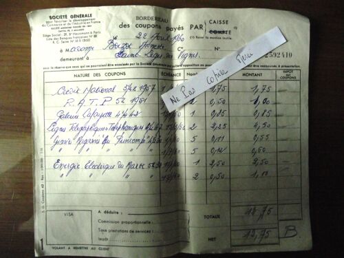 Bordereau Des Coupons Payés Par Caisse D'avril  1960.Société Générale.