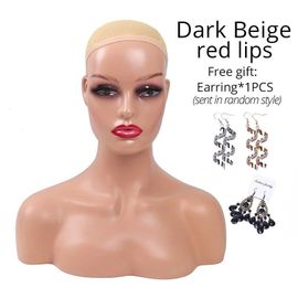 Tête de Mannequin à Peau Noire avec Épaules pour Perruques,Affichage de Perruque,Outils de Maquillage,pour Chapeaux et Écharpes - Type redlips Dark Beige