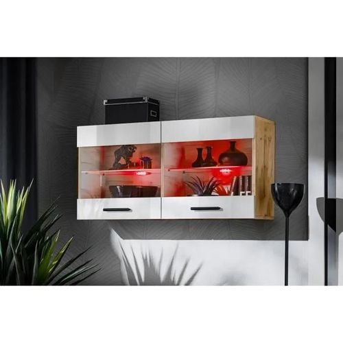Vitrine Murale Komodee Savona - Led Rvb - Blanc Brillant Et Bois Naturel - Facades Brillant - 100 X 50 X 30 Cm