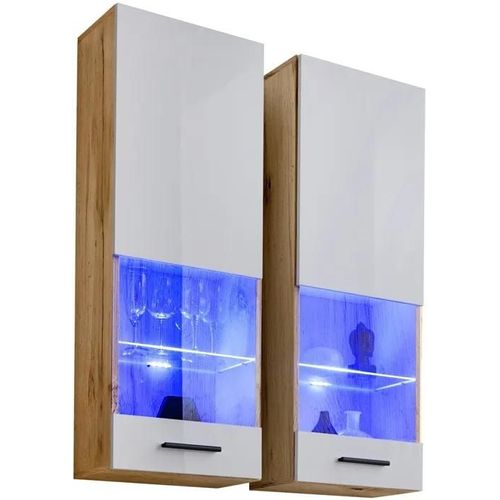 Vitrine T51 Extreme Furniture - Led Bleues - Blanc Brillant & Bois Naturel - Façades En Brillant - L40cmxh120cmxp29cm