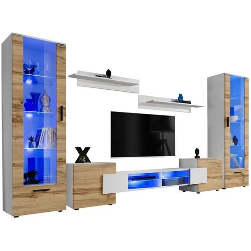 Meuble Tv Citadel Extreme Furniture - Led Bleues - Bois Naturel Mat & Blanc - L 350cm X H195cm X P42cm