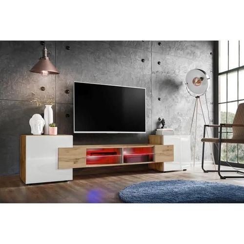 Meuble Banc Tv Merano Version 2 Komodee - Avec Eclairage Led Rgb - Bois Naturel Et Blanc - 230 X 53 X 35 Cm