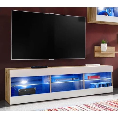 Meuble Tv Tivoli Rtv Komodee - Led Bleues - Blanc Brillant Et Bois Naturel - 140 X 41 X 35 Cm