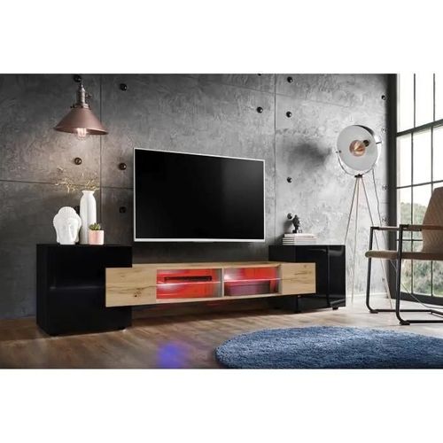Banc Tv Merano Version 1 Komodee - Avec Eclairage Led Rgb - Noir Et Bois Naturel - 230 X 53 X 35 Cm
