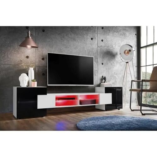 Meuble Banc TV Merano Version 2 Komodee - avec eclairage LED RGB - Blanc et Noir - 230 x 53 x 35 cm