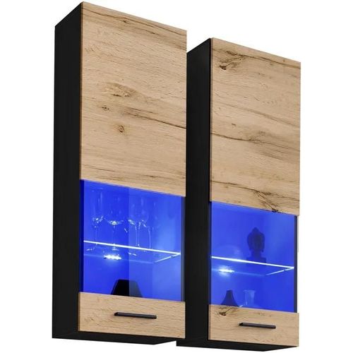 Vitrine T51 Extreme Furniture - Led Bleues - Bois Naturel & Noir - Façades En Brillant - L40cmxh120cmxp29cm