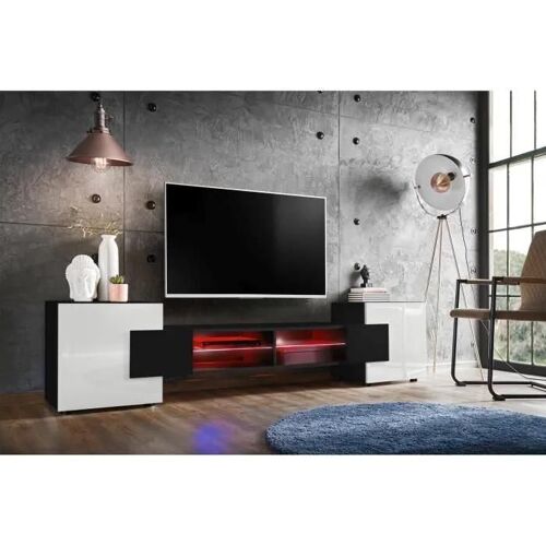 Meuble Banc TV Merano Komodee - LED RGB - Noir & Blanc - Version 2 - L230cm x H53cm x P35cm