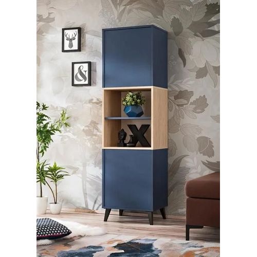 Haute Buffet Komodee Fondi, Style Scandinave, Bleu, Bois Clair, 46 X 35 X 173 Cm