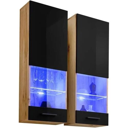 Vitrine T51 Extreme Furniture - LED bleues - Noir Brillant & Bois naturel - Façades en Brillant - L40cmxH120cmxP29cm