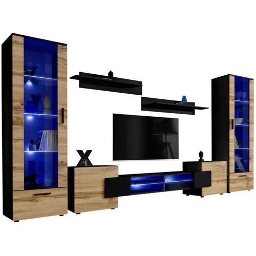 Meuble TV Citadel Extreme Furniture - LED bleues - Bois naturel Mat & Noir - L 350cm x H195cm x P42cm
