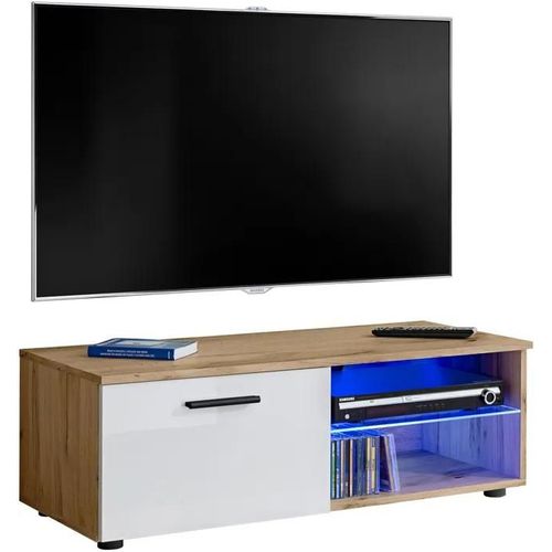 Meuble Tv T32-100 Extreme Furniture - Led Bleues - Blanc Brillant & Bois Naturel - Façades En Brillant - L100cmxh34cmxp45cm