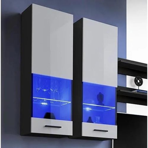 Vitrine T51 Extreme Furniture - Led Bleues - Blanc Brillant & Noir - Façades En Brillant - L40cm X H120cm X P29cm