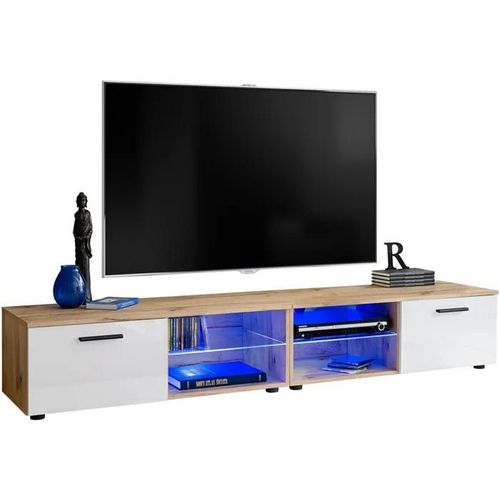 Meuble Tv T32-200 Extreme Furniture - Led Bleues - Blanc Brillant & Bois Naturel - L(2x100)Cmcmxh34cmxp45cm