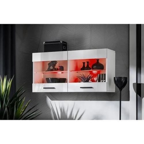Vitrine Murale Komodee Savona - Led Rvb - Blanc Brillant Et Blanc - Facades Brillant - 100 X 50 X 30 Cm