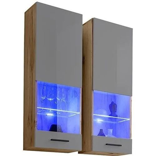 Vitrine T51 Extreme Furniture - Led Bleues - Gris Brillant & Bois Naturel - Façades En Brillant - L40cmxh120cmxp29cm