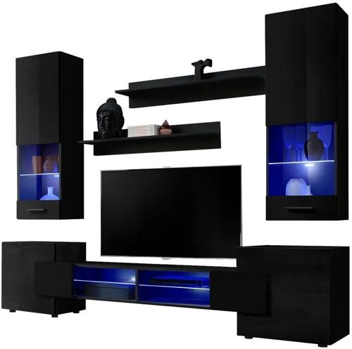 Meuble TV Luck Extreme Furniture - LED bleues - Noir Brillant & Noir - Façades en Brillant - L230cm x H 195cm x P35cm