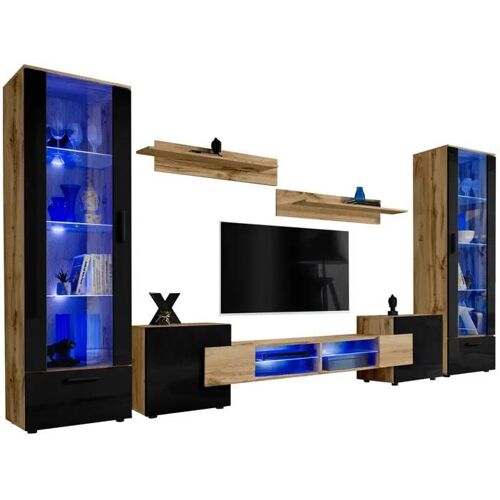 Meuble TV Citadel Extreme Furniture - LED bleues - Noir Brillant & Bois naturel - Façades en Brillant - L 350cm x H195cm x P42cm