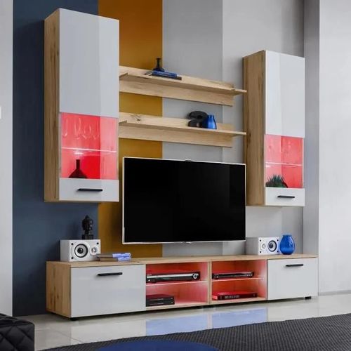 Ensembles De Meubles Tv Varallo Komodee - Led Rgb - Blanc Brillant & Bois Naturel - Façades En Brillant - L200cm X H195cm X P45cm