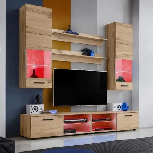 Ensembles de meubles TV Varallo Komodee - LED RGB - Bois Naturel Mat & Bois Naturel - Façades en Mat - L200cm x H195cm x P45cm