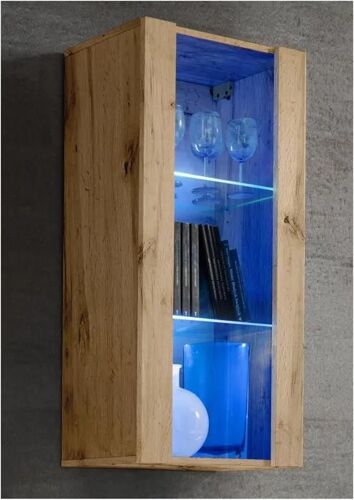 Vitrine Murale Komodee TIVOLI - LED bleues - Bois naturel - Facades en Mat - 50 x 100 x 29 cm