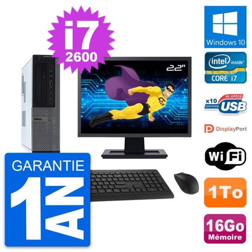PC Dell 990 DT Ecran 22" Intel i7-2600 RAM 16Go Disque Dur 1To Windows 10 Wifi