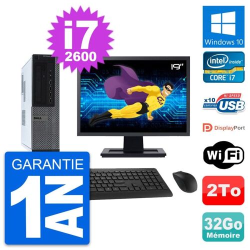 PC Dell 990 DT Ecran 19" Intel i7-2600 RAM 32Go Disque Dur 2To Windows 10 Wifi