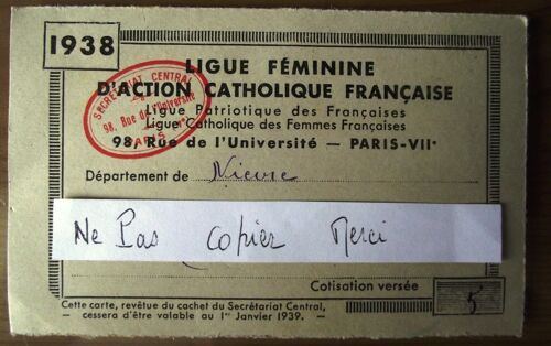 Carte De 1938.Ligue Féminine D'action Catholique Française.98,Rue De L'université Paris