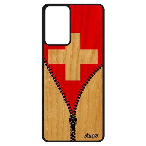 Coque Antichoc Pour Samsung A52s En Vrai Bois Silicone Drapeau Suisse Football Personnalisé Foot Basket Design Housse Jo Euro Galaxy