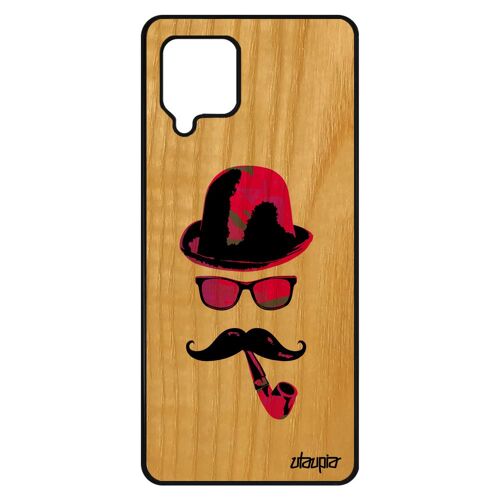 Coque bois veritable silicone Galaxy A42 monsieur moustache etui de protection tag homme pipe rose peinture femme motif Samsung