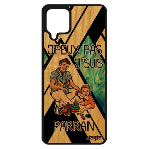 Coque en bois je peux pas j'suis parrain pour Samsung A12 silicone bleu personnalisé humour naissance fille bd antichoc drole galaxy