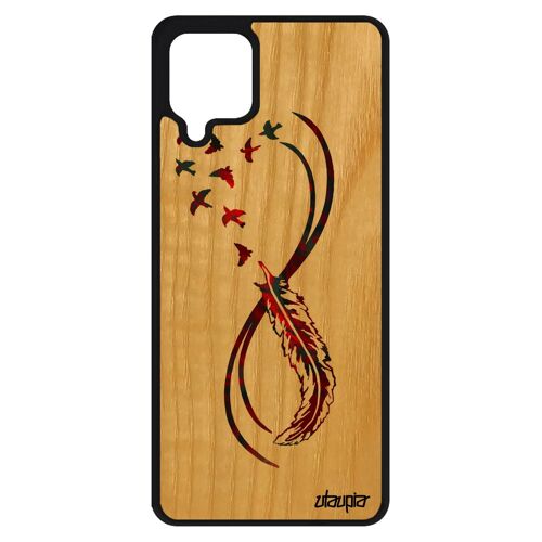 Coque pour A12 vrai bois silicone infini symbole 4G multicolore bumper sans fin telephone Rouge oiseau jolie couleur Samsung galaxy