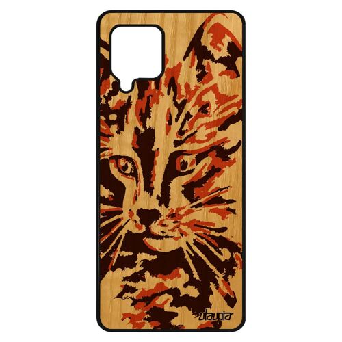 Coque pour A42 en bois silicone chat peinture antichoc mignon mobile chaton portable telephone petit dessin marron de Samsung galaxy