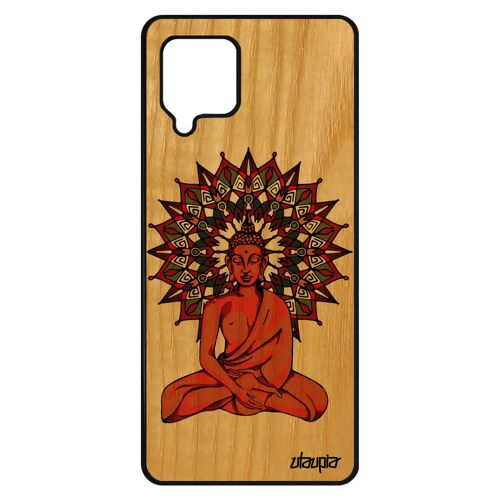 Coque Samsung Galaxy A42 bois silicone bouddha mandala hindou yoga Marron pochoir rigide tibet sagesse image portable fantaisie case