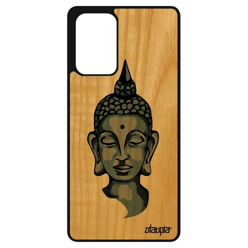 Coque Samsung A72 bois silicone bouddha smartphone bouddhisme Visage de luxe femme pochoir portrait etui housse original Gris galaxy