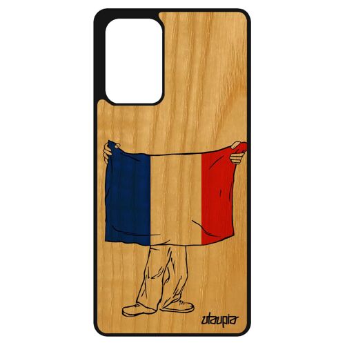 Coque en bois Samsung Galaxy A72 silicone drapeau france français portable Euro personnalisé cover foot bleu blanc rouge tricolore