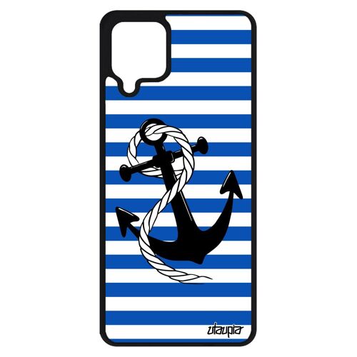 Coque ancre rigide Galaxy A12 silicone chaine rayé marinière ligne fantaisie nud rayure case bleu housse marin unique corde Samsung