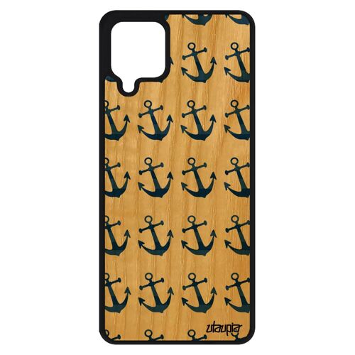 Coque silicone Galaxy A12 en bois ancre de bateau antichoc vintage mobile homme tatouage ocean etui pas cher marinière Bleu Samsung