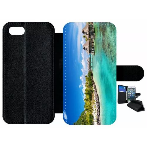 Etui À Rabat Iphone 7 - Cadre Paradisiaque Cases Sur Piloties - Simili-Cuir - Noir