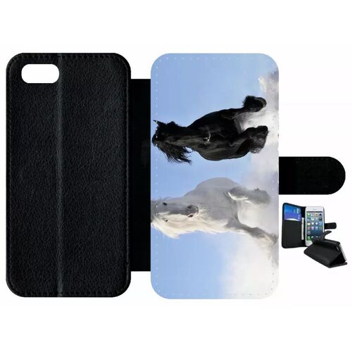 Etui À Rabat Iphone 7 - Chevaux Blanc Et Noir Dans La Neige - Simili-Cuir - Noir