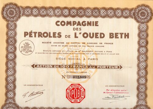 Action De 100 F Au Porteur  Compagnie Des Petroles De L'oued Beth
